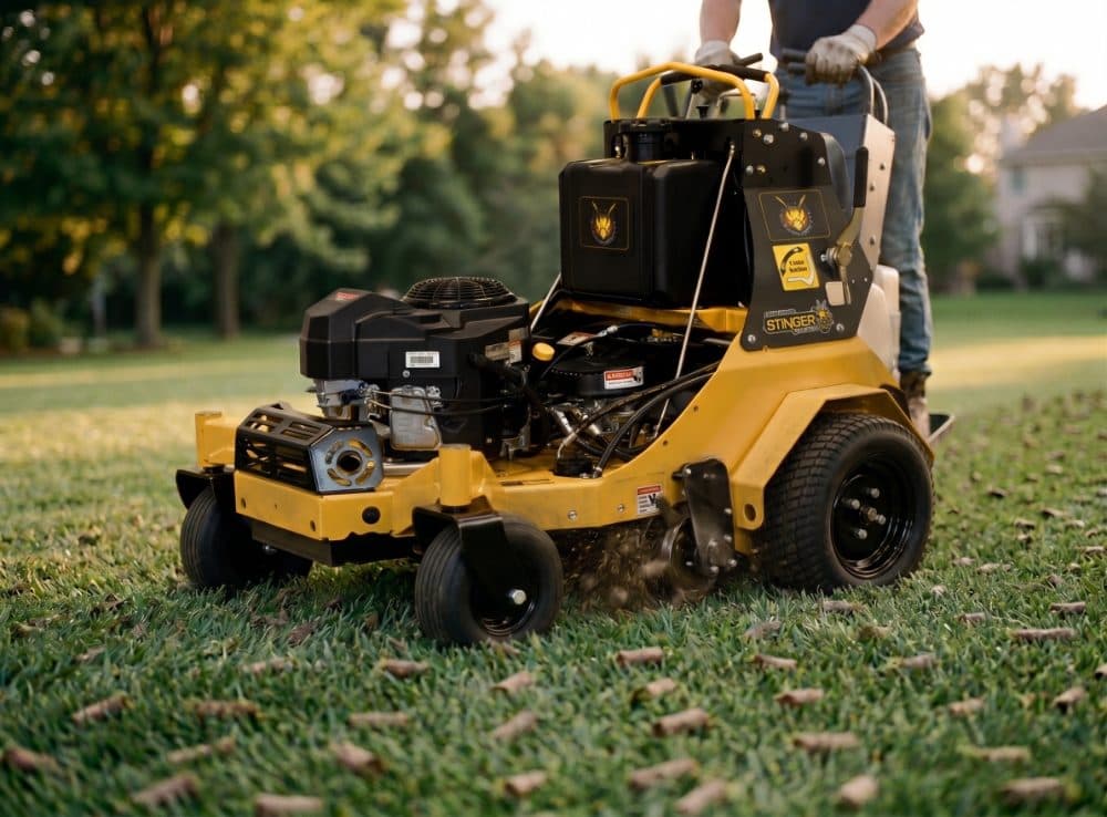 A compact yellow stand-on aerator pulls plugs from a lawn, operator standing on the rear platform, plugs scattered behind.