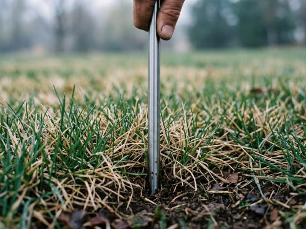 A hand pushes a stainless steel soil probe into early-spring turf, dew-tipped grass blades and last-year thatch visible.