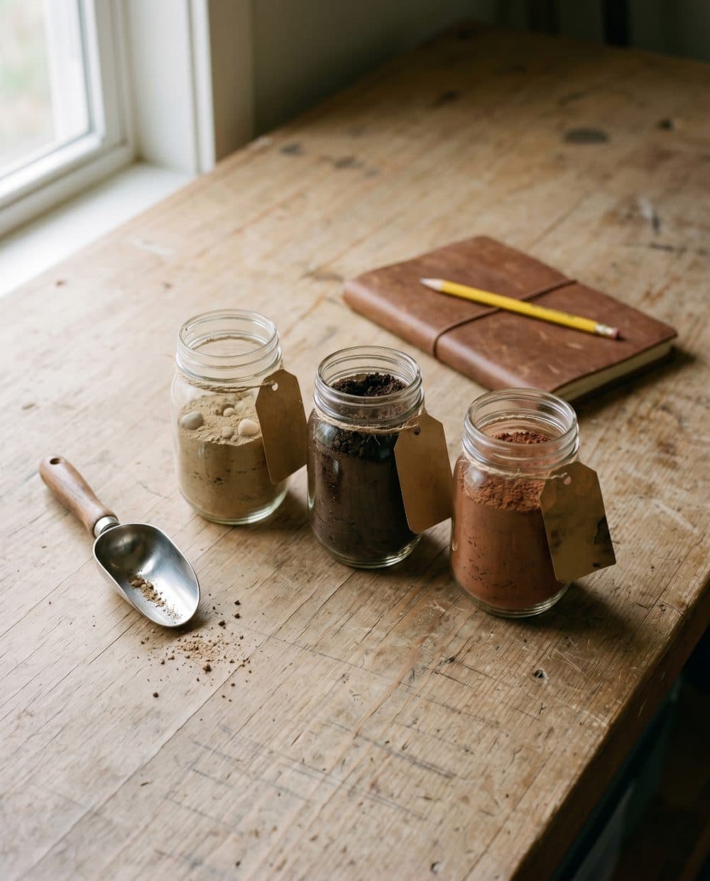 Three small glass jars of distinctly-colored soil — tan, dark loam, red — each labeled with a kraft-paper tag, arranged on a weathered wood workbench. A leather-bound notebook and a stainless steel scoop sit nearby in soft window light.